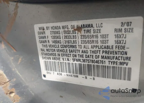 2007 Honda Odyssey Ex-L from USA, damaged, VIN 5FNRL38757B046761